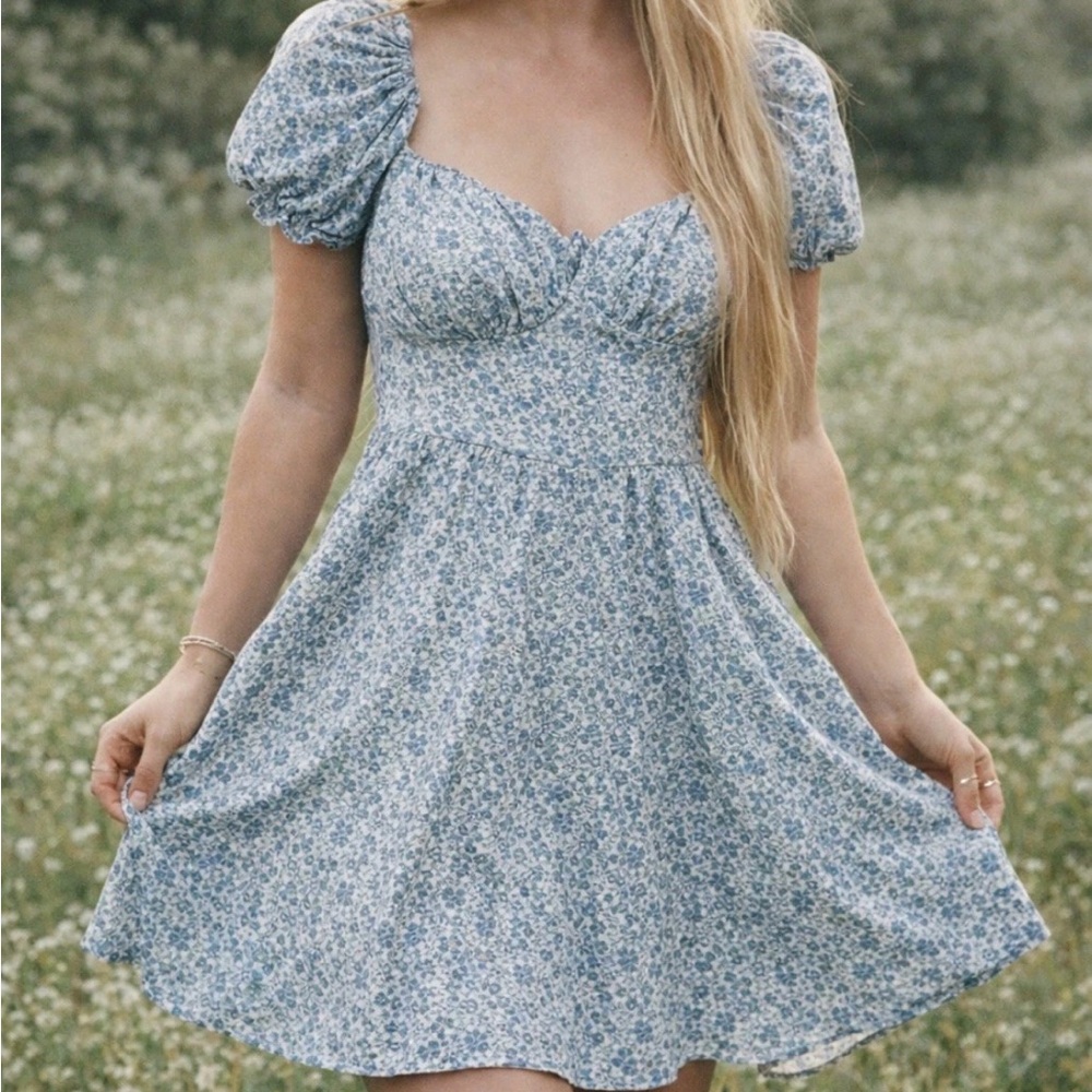 New Without Tags Cider Blue Floral Puff Sleeve Cottage Core Fairy Mini Dress